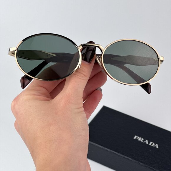 Prada PR65ZS ZVN70L BRAND NEW Sunglasses Pale Gold Dark Green Oval Metal Unisex - Picture 2 of 11